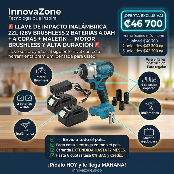 Llave de Impacto Inalámbrica ZZL 128V Brushless 2 Baterías 4.0Ah + 4 Copas + Maletín - oferta