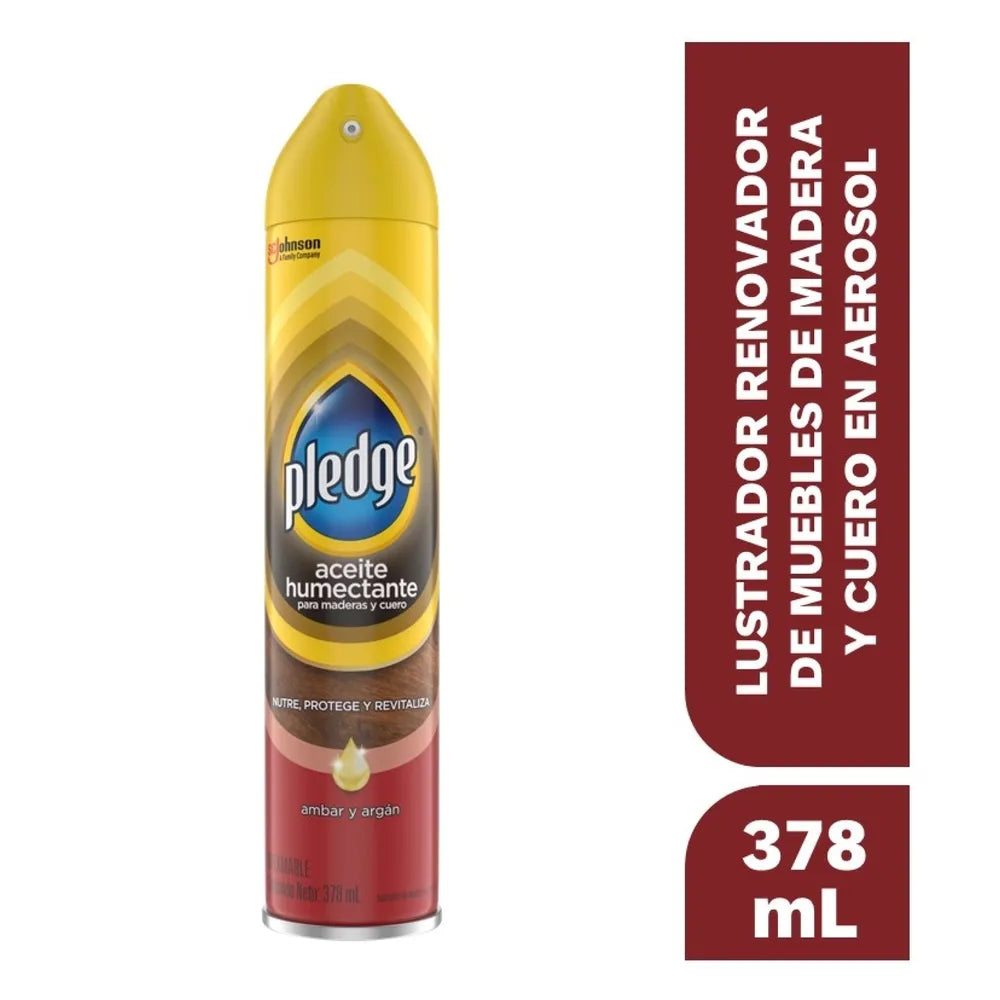 Lustrador Pledge Renovador De Muebles De Madera Y Cuero En Aerosol Ambar Y Argán - 378 Ml