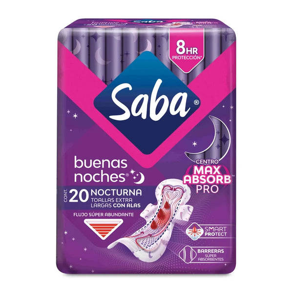 Toallas Femeninas Saba Buenas Noches Con Alas Flujo Súper Abundante - 20 Piezas