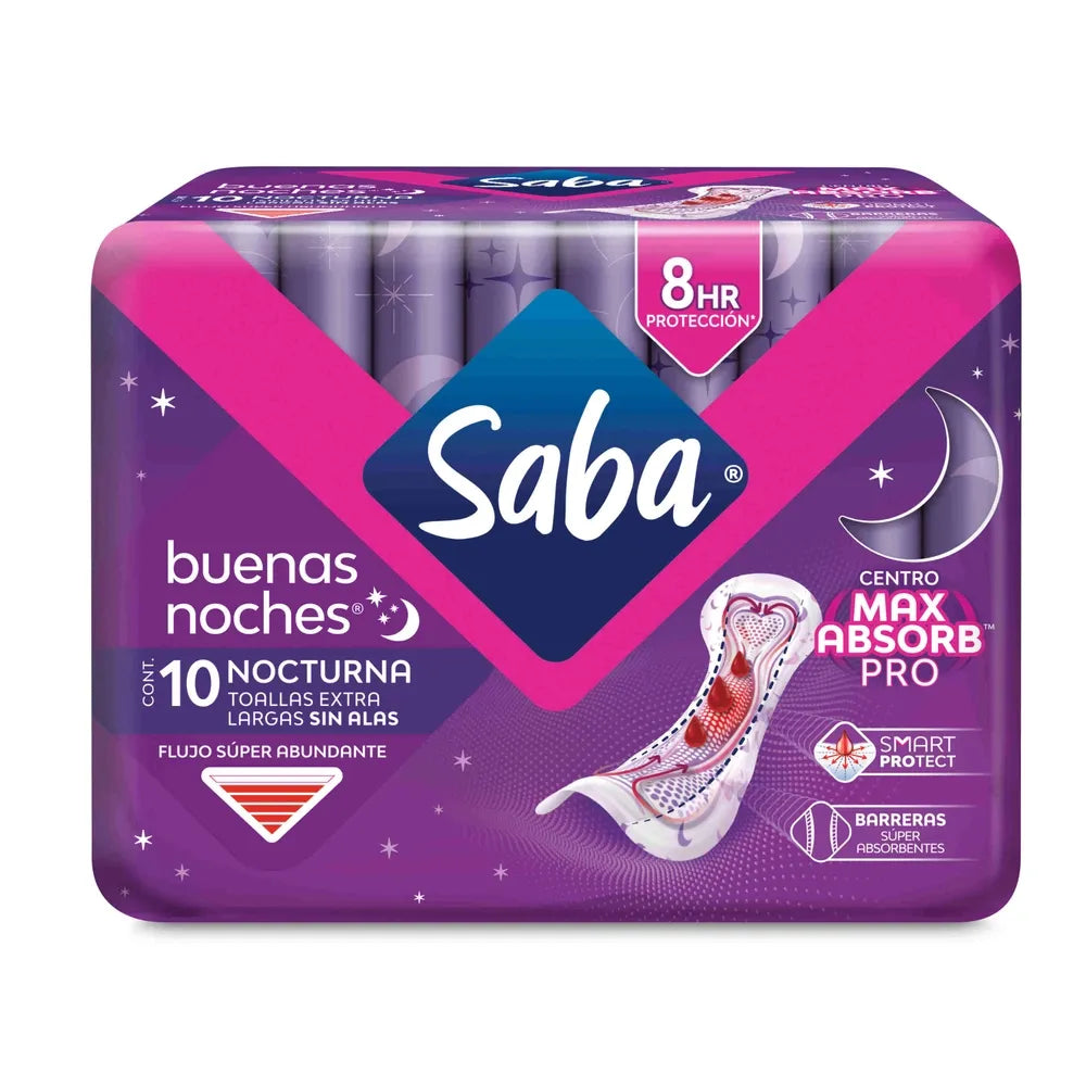 Toallas Femeninas Saba Buenas Noches Sin Alas Flujo Súper Abundante - 10 Piezas