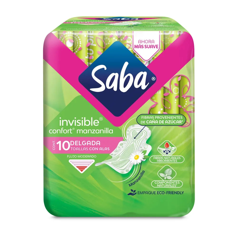 Toallas Femeninas Saba Regular Confort Manzanilla Con Alas Flujo Abundante - 10 Piezas