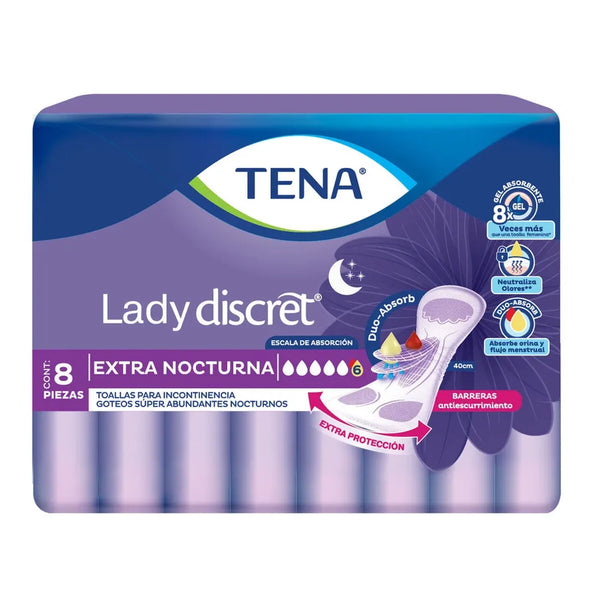 Toallas Para Incontinencia Tena Lady Discret Extra Nocturna Goteos Súper Abundantes - 8 Piezas